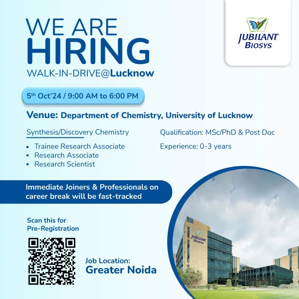 Jubilant Biosys Hiring for FRESHERS | Research Associate-2024